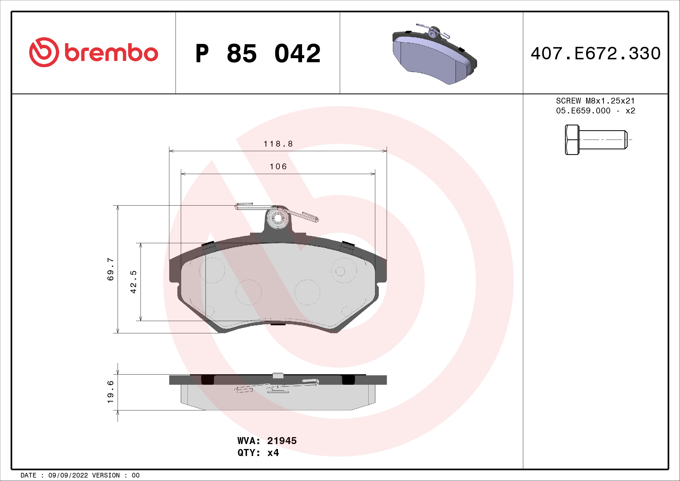 A.B.S. P 85 042 BREMBO Bremsbelagsatz, Scheibenbremse